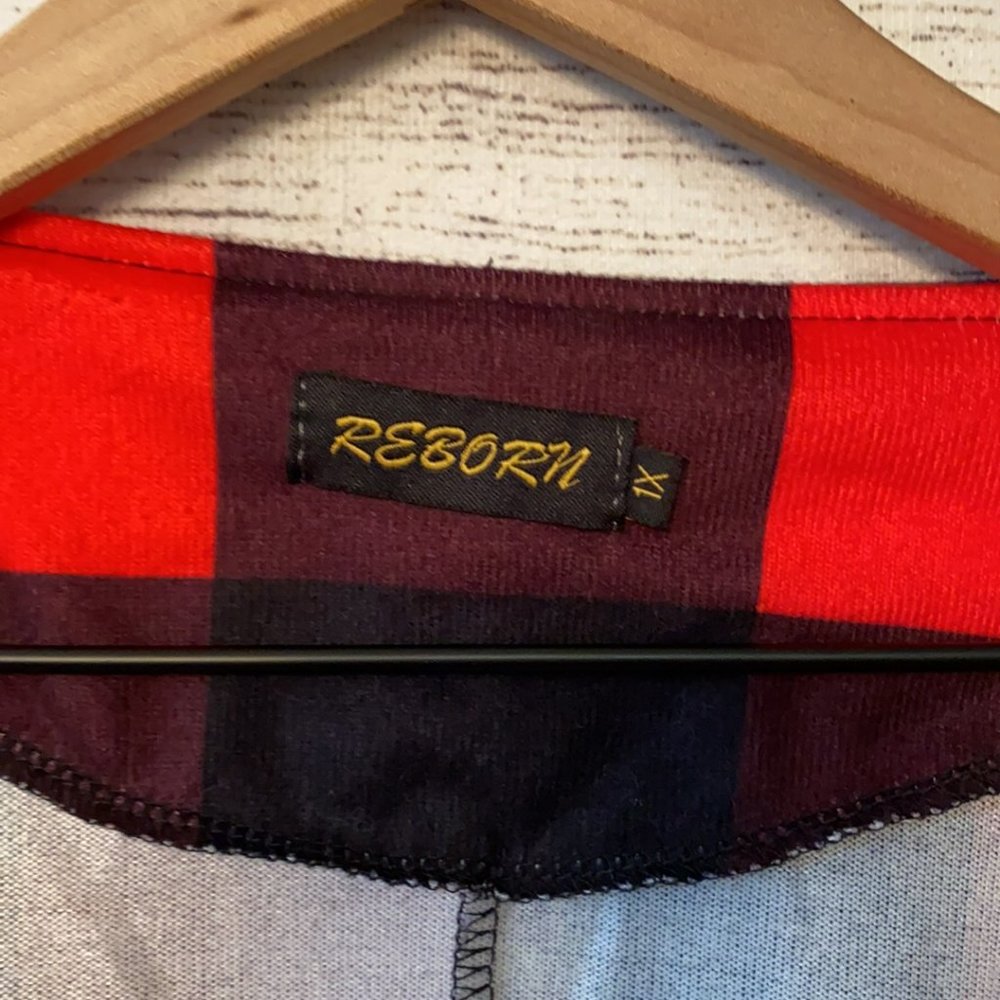 *Reborn Collection Red Black Buffalo Plaid Plus Size Open Front Cardigan Top - Picture 3 of 9